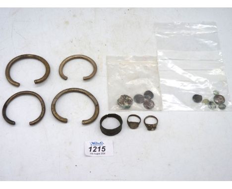 Various ancient items including a plated Athenian start circa 350BC, a white metal bangle ingots, a bronze ring, etc.