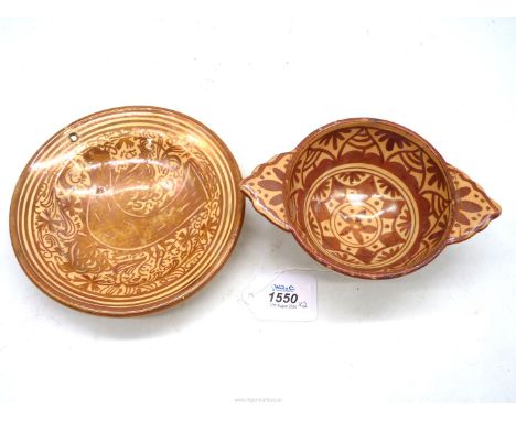A Hispano-Moresque small Dish, 18th-19th century, with a typical bird in ruby lustre and a similar Scudella.