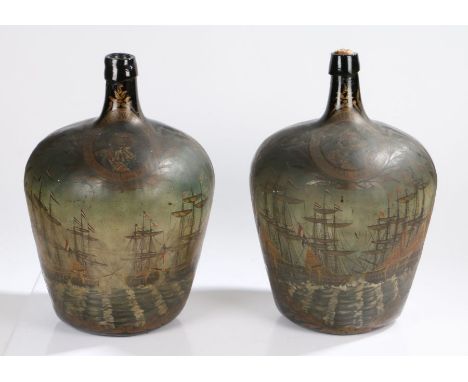 Pair of large polychrome decorated bottles, both painted with Dutch Naval scenes, the first with the portrait and script surr