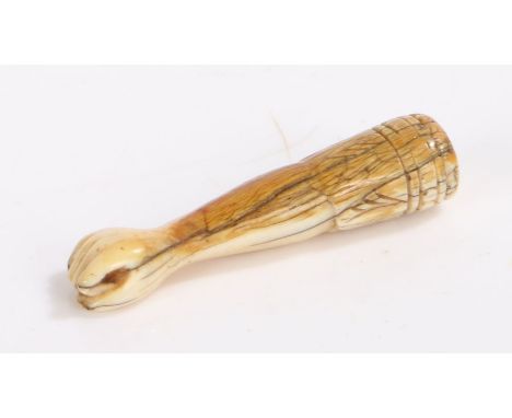 Unusual George III period Marine ivory pipe tamper, circa 1800, the scrimshaw tamper carved as a fist above a feather end and