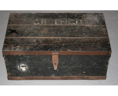 TRUNK - A small wooden trunk of simple construction that has been painted black & stencilled with the name 'GREEN. G.D' in wh