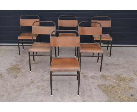 A set of six retro vintage mid 20th century village hall stacking chairs / dining chairs in the industrial style in untouched