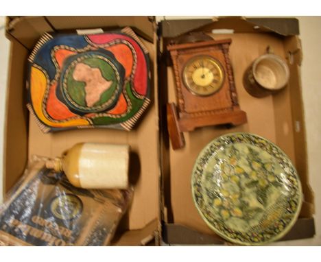 A mixed collection of items to include a stoneware flagon H Ellis Kingsland Road, a similar mug, a wooden mantle clock, ceram