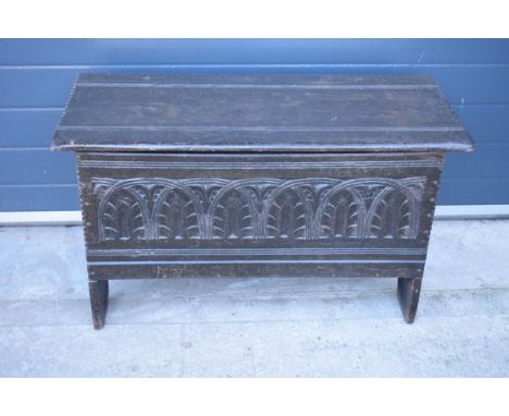 A late 18th / early 19th century carved coffer with religious cross detail to each end panel and drawer. Replacement hinges. 