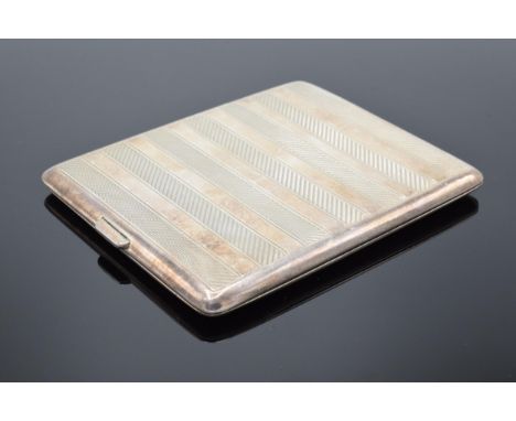 A hallmarked silver 0.925 card case with striped decoration with engraved message inside 'Presented to Whitehead by crew of 3