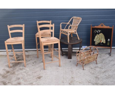 A mixed collection of small furniture items and similar to include a wooden firescreen, a table, a chair, magazine rack and 3