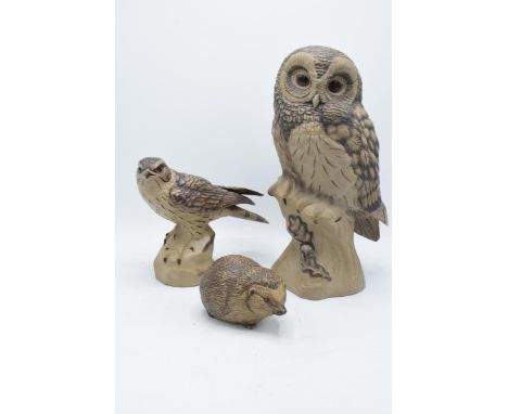 A collection of Poole Pottery stoneware-effect animals by Barbara Linley Adams to include a large tawny owl, a hedgehog and a