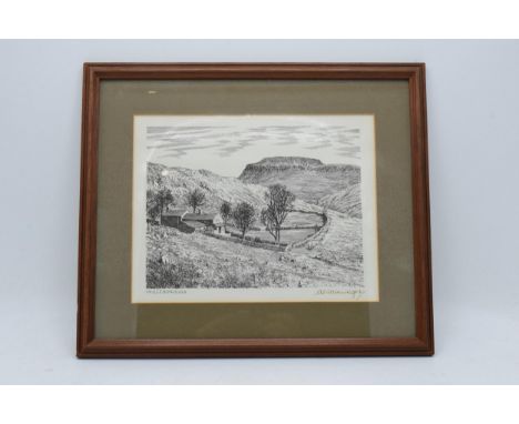 An Alfred Wainwright print with printed title 'Ingleborough' and a slightly faded ink signature. 20cm x 15.5cm excluding fram