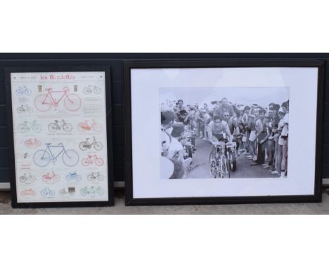 A pair of prints to include a limited edition Eddy Merckx print, number 20/50, by Tony Stroucken and a 'Les Bicyclettes' fram