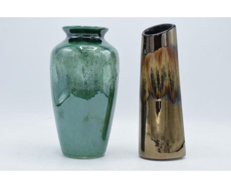 A Poole Pottery copper lustre together with a similar green lustre vase, believed to be Poole though unmarked, (2). Tallest 2