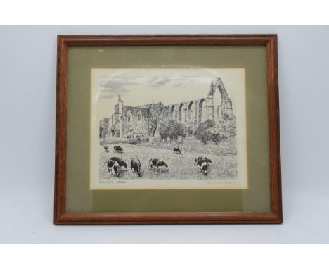 An Alfred Wainwright print with printed title 'Bolton Abbey' and a slightly faded ink signature. 20cm x 15.5cm excluding fram