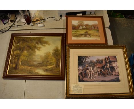 A mixed collection of framed scenes to include a Mike Knight print of a cottage, an oil on canvas which looks to be signed by