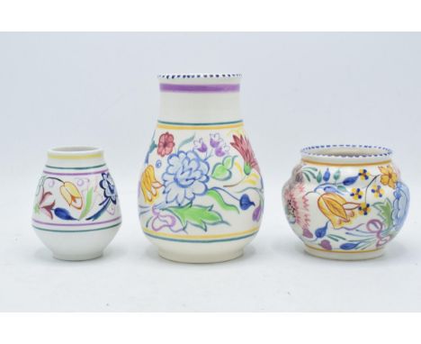 A trio of Poole Pottery floral vases in the 'BN' design to include shape numbers 266, 208 and one smaller vase (3). Tallest 1