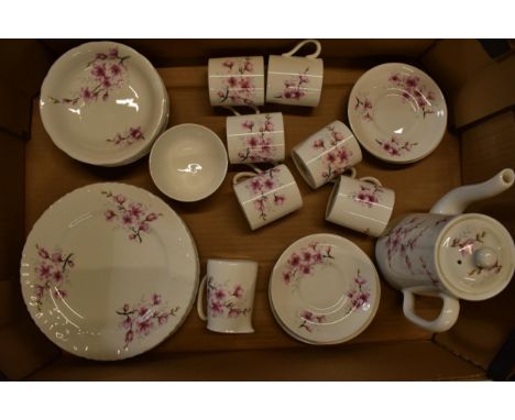 A Hammersley part coffee set decorated with a pink floral scene to include a coffee pot, 6 coffee cans and saucers, 6 shallow