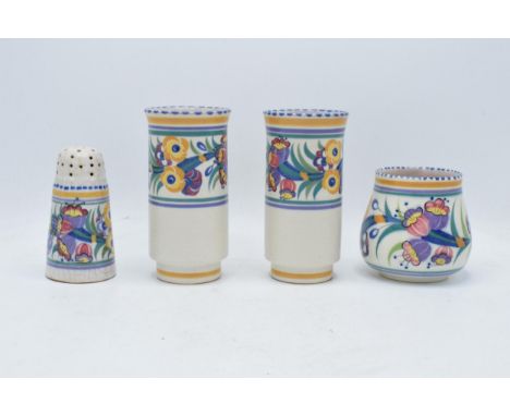 A collection of Poole Pottery in the floral 'EE' design to include a pair of vases with shape number to base, a vase shape 34