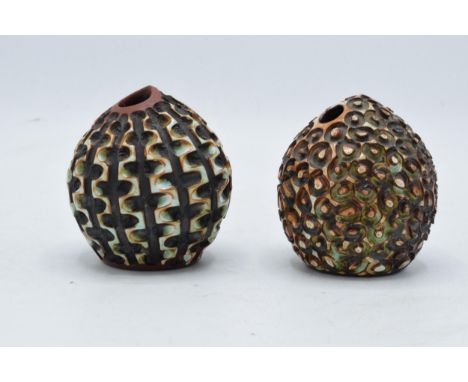 A near pair of Poole Pottery Atlantis vases by Beatrice Bolton. Impressed marks to bases. 8cm tall. (2). In good condition wi