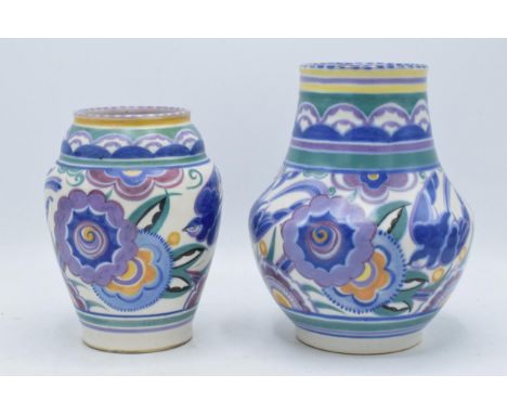 A pair of Poole Pottery vases in the 'HE' bluebird design to include bulbous vase shape 203 and thinner vase shape 439 (2). T