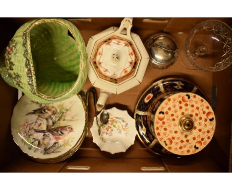 A mixed collection of items to include silver plated sugar nips and a silver plated topped glass jar, 19th century pottery to