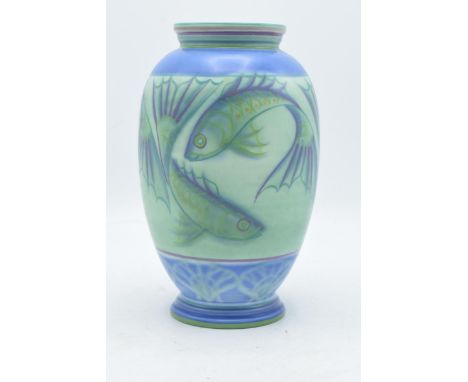 Poole Pottery vase decorated with fish. Designed by Sally Tuffin dated 22/8/95. 21cm tall. In good condition with no obvious 