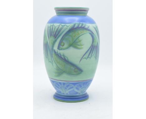 Poole Pottery vase decorated with fish. Designed by Sally Tuffin dated 22/8/95. 21cm tall. In good condition with no obvious 