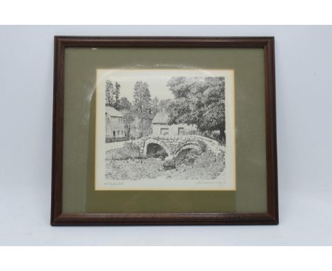 An Alfred Wainwright print with printed title 'Wycoller' and a slightly faded ink signature. 17.5cm x 15.5cm excluding frame.