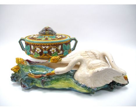 A Mid XIX Century Majolica Victoria Pottery Company Game Pie Dish, Inner Liner and Cover, with boars head finial, of two hand