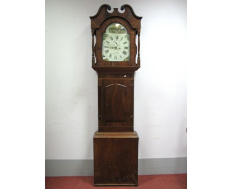 A XIX Century Mahogany Longcase Clock, with swan neck canopy, spindle supports and arched glazed door to hood, reeded side pi