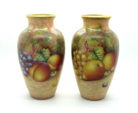A Pair of Royal Worcester Porcelain Vases, of ovoid form, painted by Telford, signed, with ripening fruit against mossy woodl