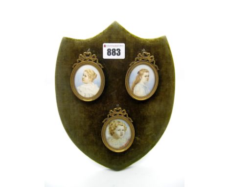 Three Late XIX Century Portrait Miniatures, painted on paper with head and shoulders portraits of girls, inscribed "Fausta Gu