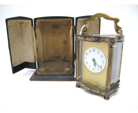 A French Early XX Century Brass Cased Carriage Clock, of five lobed rectangular form with champlevé enamel bands and fluted c
