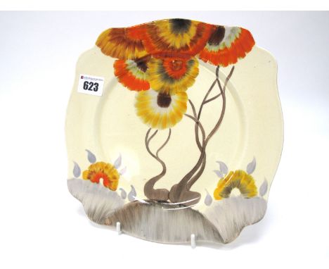 A Wilkinson Clarice Cliff Honeyglaze Pottery Plate, of shaped square form, painted in the 'Rhodanthe' pattern with orange and