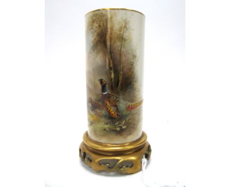 A Royal Worcester Porcelain Vase, of cylindrical form, raised on a pierced gilt base, painted by James Stinton, signed, with 