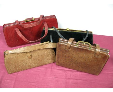 A Mid XX Century Black Python Print Leather 'Sir John Bennett' Handbag, a similar claret leather Jane Shilton handbag and two