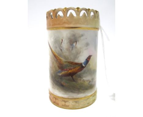 A Royal Worcester Porcelain Vase, of cylindrical form with pierced neck, painted by James Stinton, signed, with a pheasant in