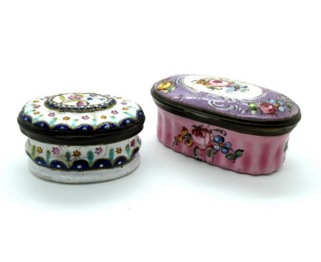 A Late XVIII Century Enamel Patch Box, with hinged cover, of fluted oval form, painted with a central spray of flowers in a s