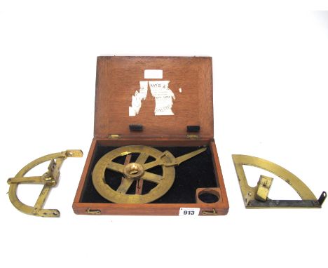 A Circular Lacquered Brass Protractor, with Vernier scale and sliding arm, 14.5cm diameter, in a mahogany case, a semi-circul