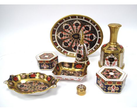 A Royal Crown Derby Porcelain Bell, of fluted square form, decorated in Imari pattern 1128, date code for 1990, 13cm high; An