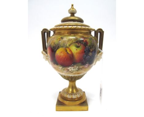 A Royal Worcester Porcelain Vase and Cover, of globular two handled form with mask terminals, raised on a stepped square base