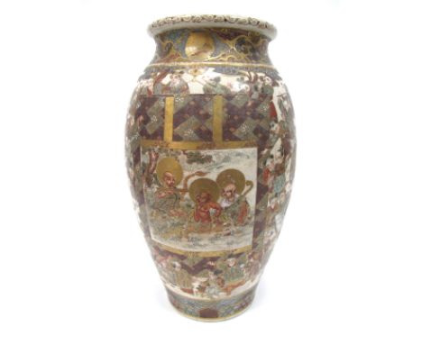 A Large XIX Century Japanese Satsuma Pottery Vase, of ovoid form, decorated with panels of Deities in garden settings within 
