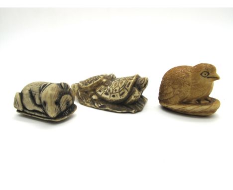 A Late XIX Century Japanese Ivory Netsuke, carved as two tortoises, 6cm long; A Japanese Ivory Netsuke, carved as a rat, 3.5c