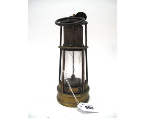 A Bainbridge Safety Brass Miners Lamp, with short gauze and conical glass, with numbered counter, 26.5cm high including suspe