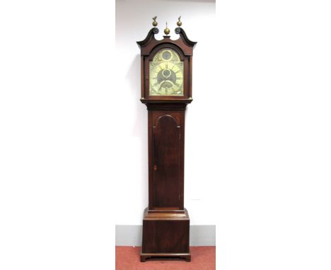 An XVIII Century Mahogany Eight-Day Longcase Clock by William Dent, London, the hood with swan neck pediment, brass finials a