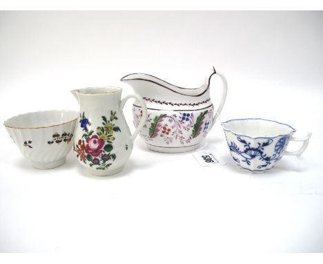 A Worcester XVIII Century Porcelain Sparrow Beak Jug, printed in polychrome enamels with a spray of summer flowers, gilt rim,