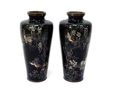 A Pair of Late XIX Century Japanese Cloisonné Enamel Vases, of baluster form, finely decorated with birds, some in flight, am