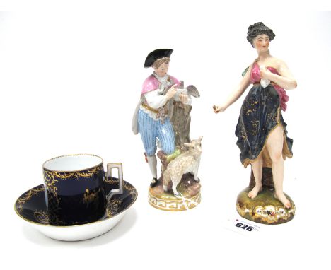 A Late XIX Century Meissen Porcelain Figure of a Young Gentleman, a pigeon carrying a letter perched on his arm, a lamb besid