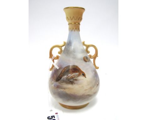 A Grainger &amp; Co. Worcester Porcelain Vase, of two handled pear shape, painted by James Stinton, signed, with grouse in mo