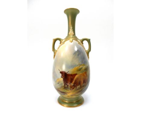 A Royal Worcester Porcelain Vase, of two handled pear shape, with slender moulded neck, painted by Harry Stinton, signed, wit