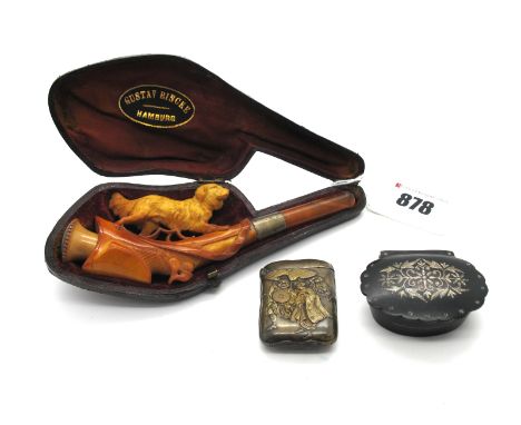 A Mid XIX Century Meerschaum Pipe, carved as a shotgun and a dog, white metal engraved mount, case inscribed "Gustav Rincke, 