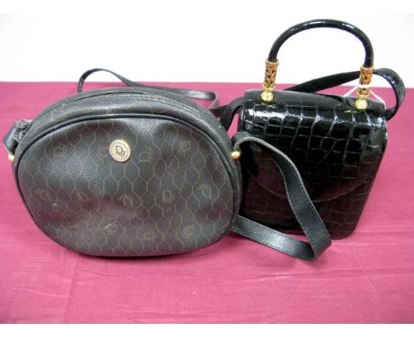 Dior; A Vintage Black Logo Print Shoulder Bag, with black leather strap and zip closure to top; A Black Patent Croc Effect Ha