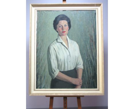 ENGLISH SCHOOL (Mid XX Century) Portrait of a Lady, wearing a white shirt and grey skirt, three-quarter length, oil on board,